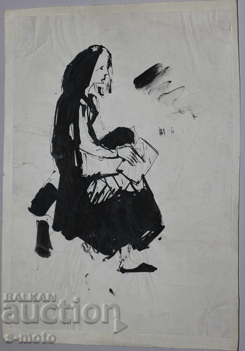 Δημοπρασία Παλιά μελανογραφία, καθισμένη γυναίκα, μέσα 20ου αιώνα