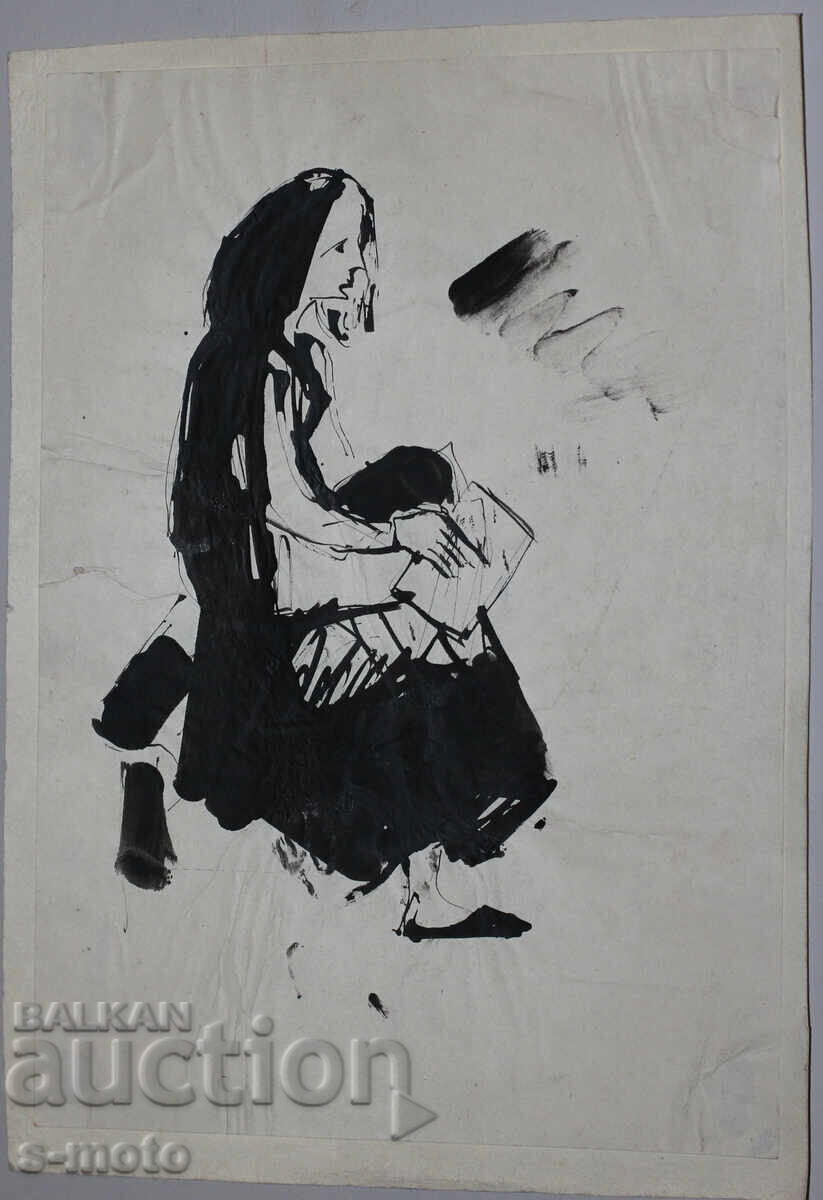 Παράδοση Παλιά μελανογραφία, καθισμένη γυναίκα, μέσα 20ου αιώνα