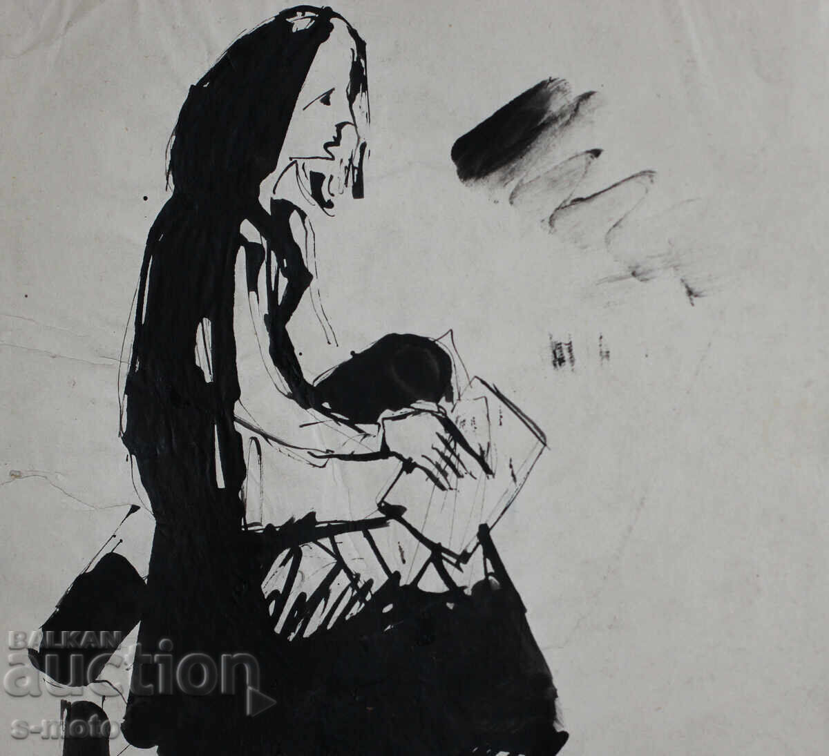 Παλιά μελανογραφία, καθισμένη γυναίκα, μέσα 20ου αιώνα - 5