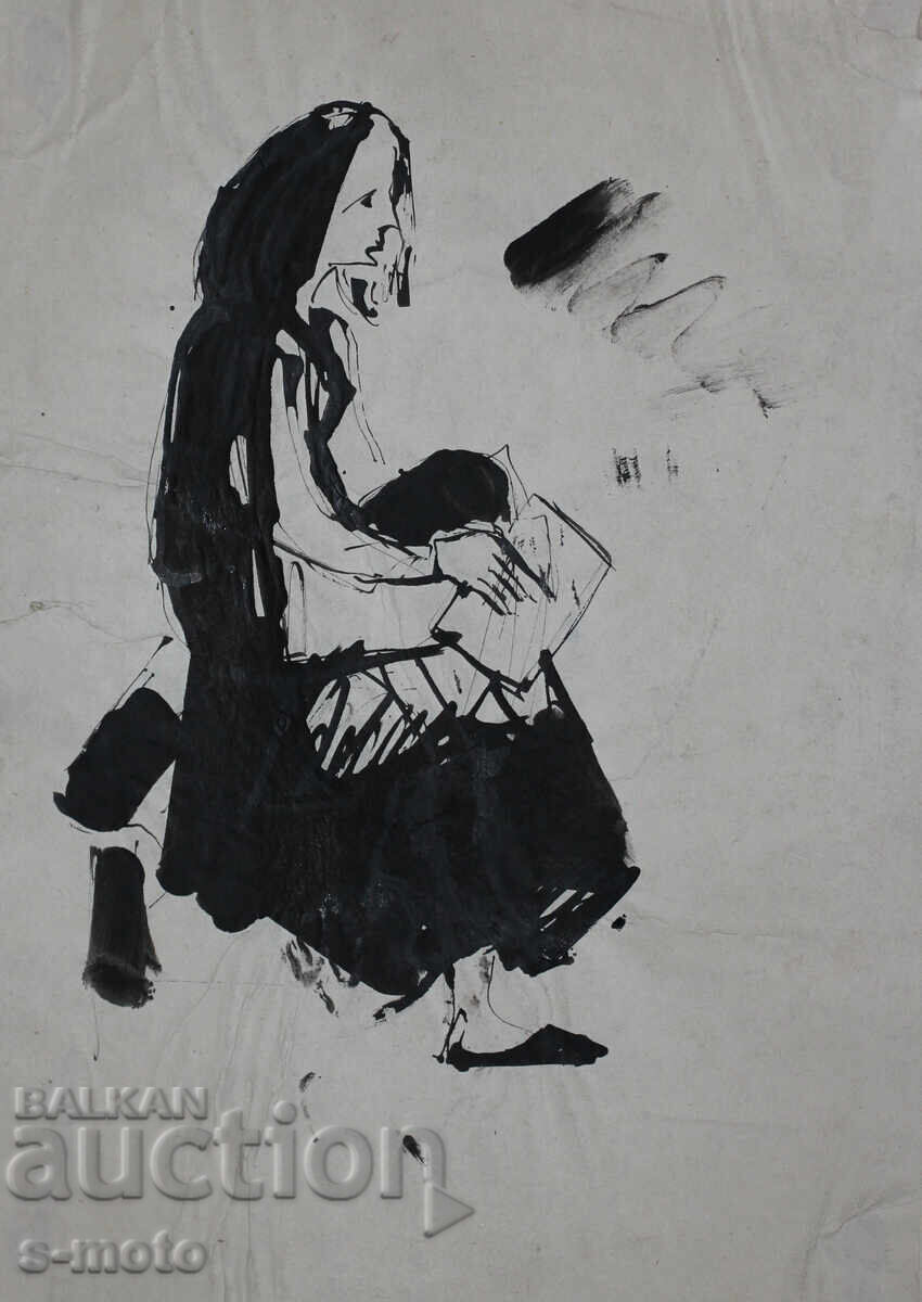 Παλιά μελανογραφία, καθισμένη γυναίκα, μέσα 20ου αιώνα