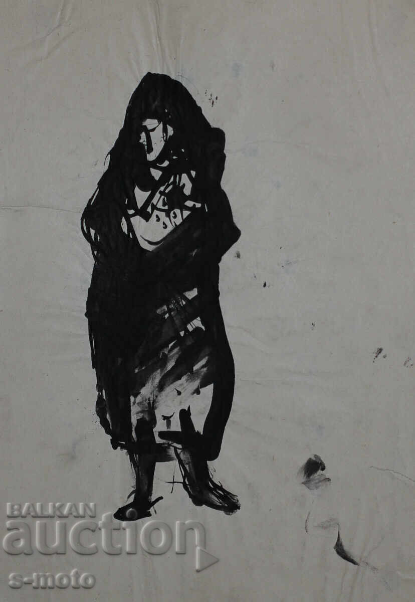 Стара рисунка туш, жена, средата на 20 - ти век с цена 180.00 лв. | € 92.03