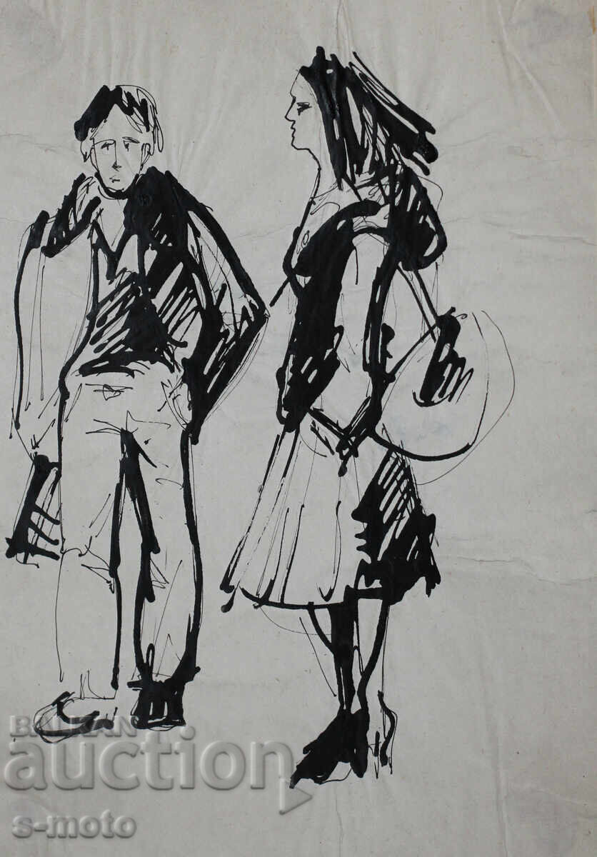 Παλιά ζωγραφιά με μελάνι, φιγούρες, μέσα 20ου αιώνα με τιμή 180.00 BGN | € 92.03