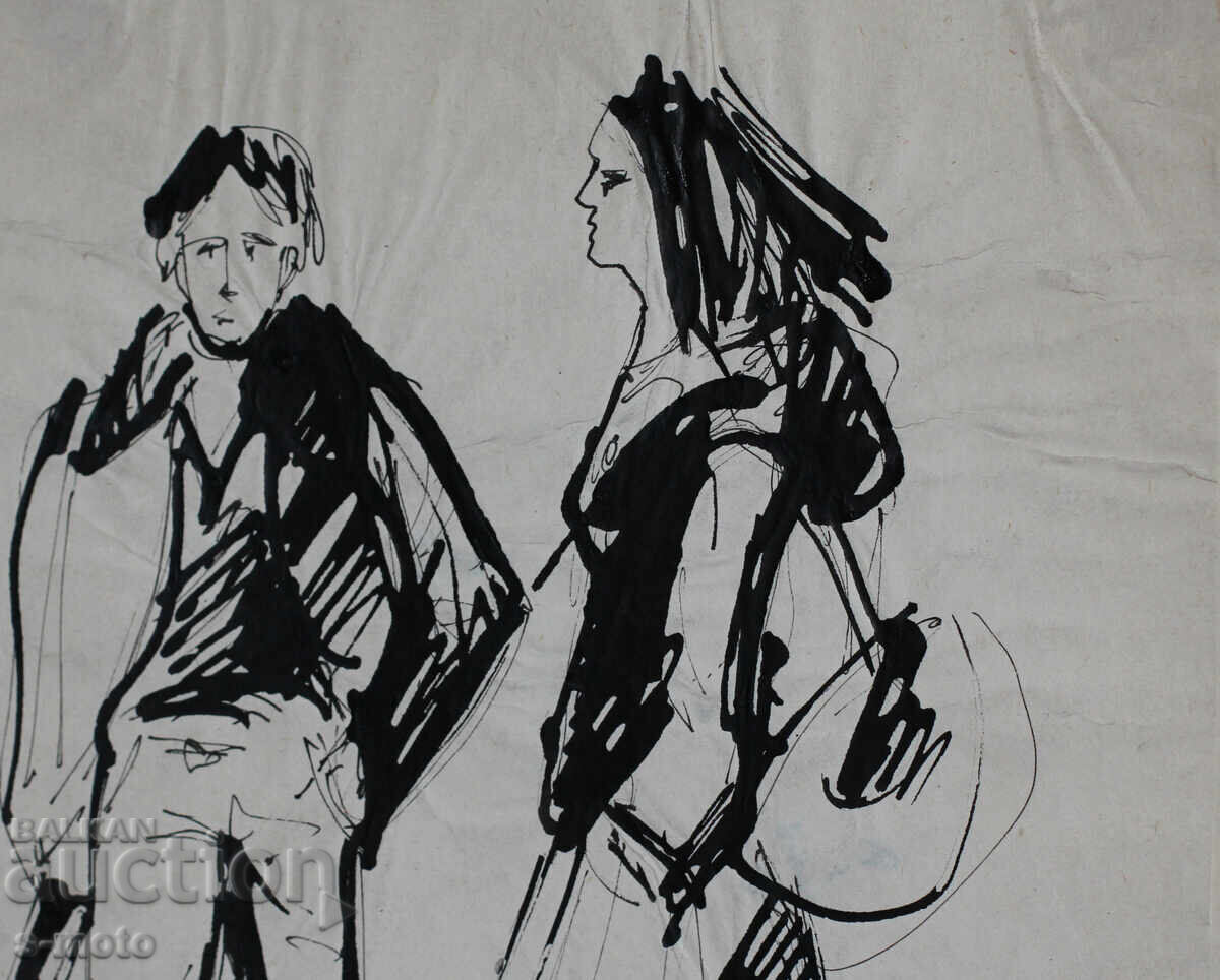 Παλιά ζωγραφιά με μελάνι, φιγούρες, μέσα 20ου αιώνα - 5