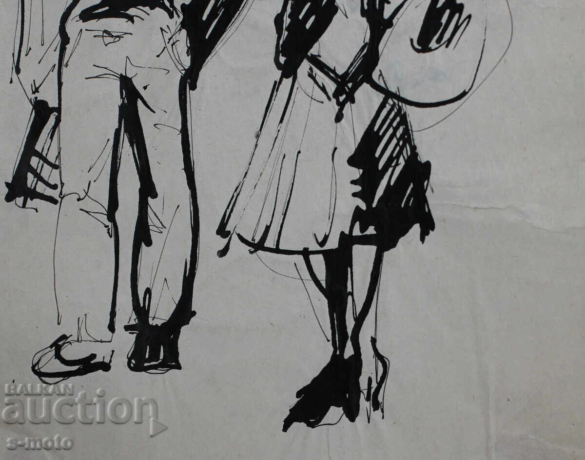 Παλιά ζωγραφιά με μελάνι, φιγούρες, μέσα 20ου αιώνα - 7