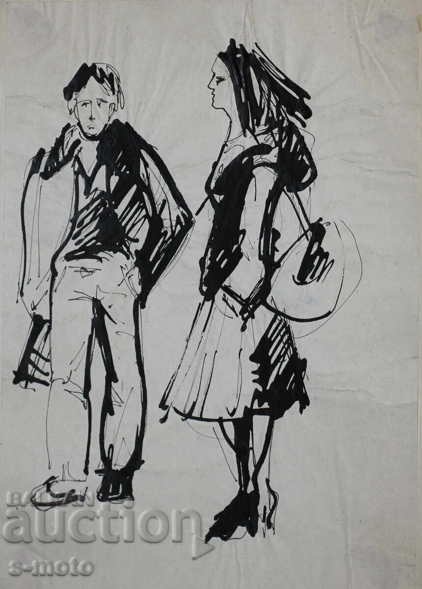 Παλιά ζωγραφιά με μελάνι, φιγούρες, μέσα 20ου αιώνα