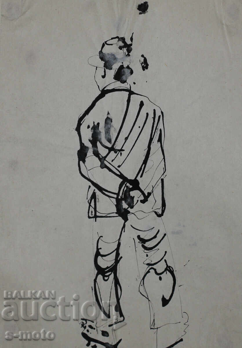 Стара рисунка туш, портрет на мъж, средата на 20 - ти век Стара рисунка туш, портрет на мъж, средата на 20 - ти век