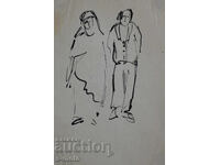 Παλιά ζωγραφιά με μελάνι, φιγούρες, μέσα 20ου αιώνα