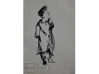 Παλιά μελάνι σχέδιο, πορτρέτο γυναίκας, μέσα του 20ου αιώνα