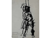 Παλιά ζωγραφιά με μελάνι, φιγούρες, μέσα 20ου αιώνα