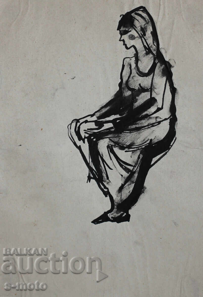 Стара рисунка туш, портрет на жена, средата на 20 - ти век с цена 180.00 лв. | € 92.03