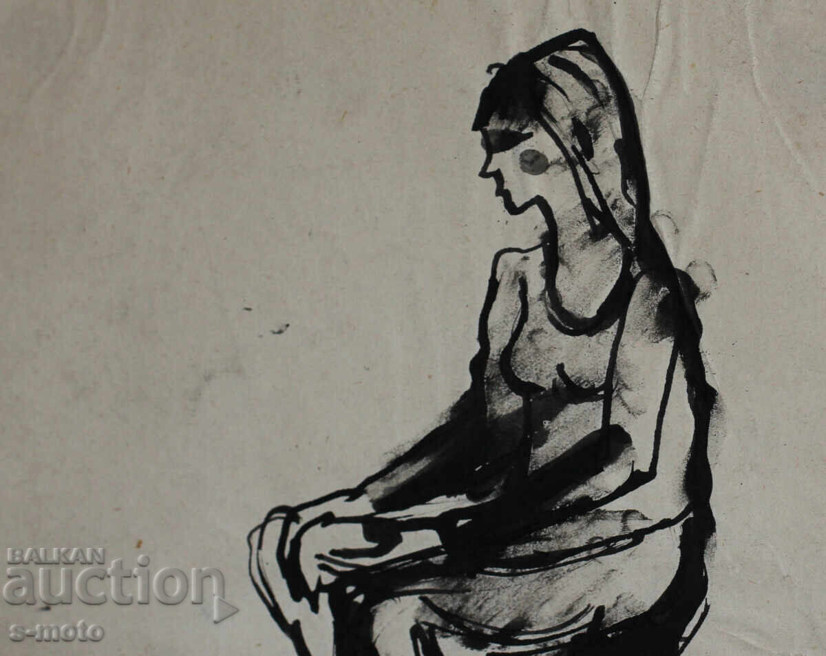 Доставка на Стара рисунка туш, портрет на жена, средата на 20 - ти век
