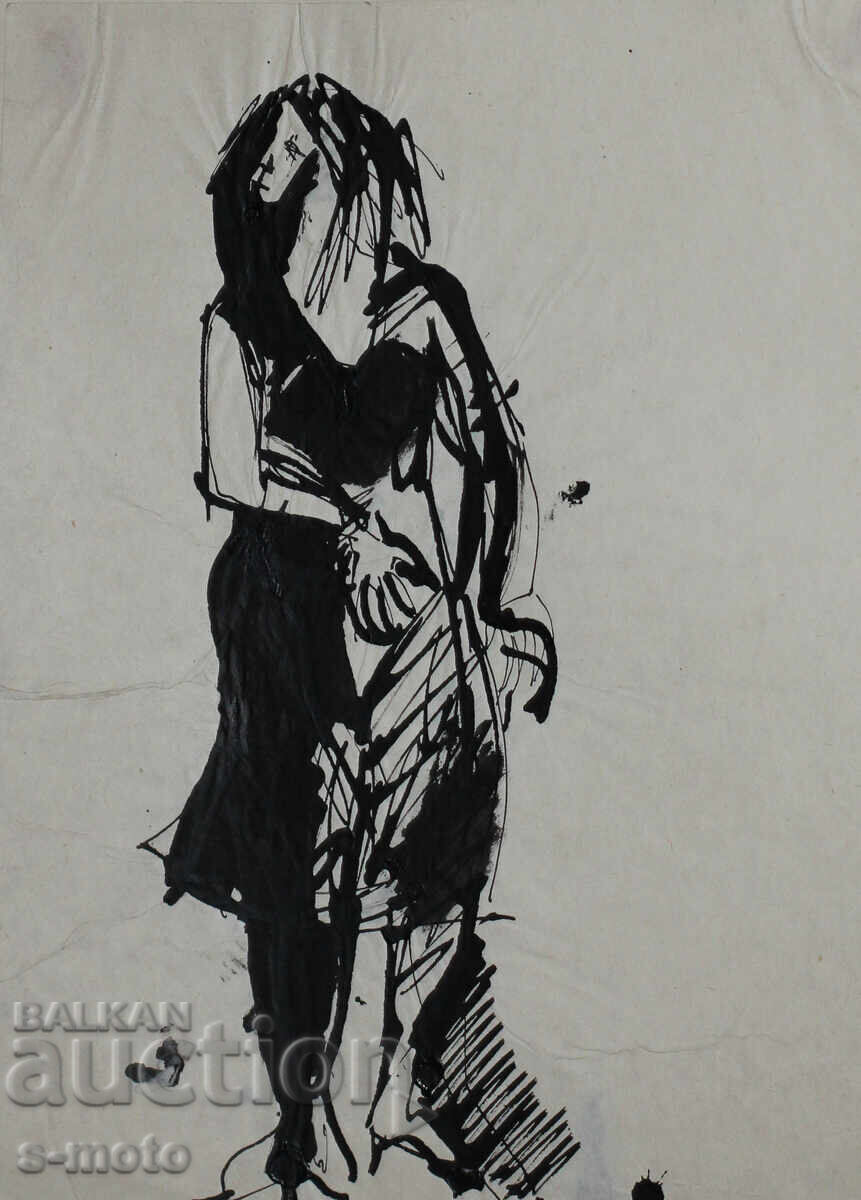 Стара рисунка туш, портрет на жена, средата на 20 - ти век