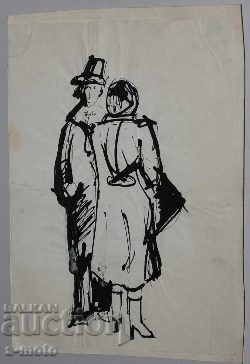 Auction Old ink drawing, figures, mid-20th century Auction Old ink drawing, figures, mid-20th century