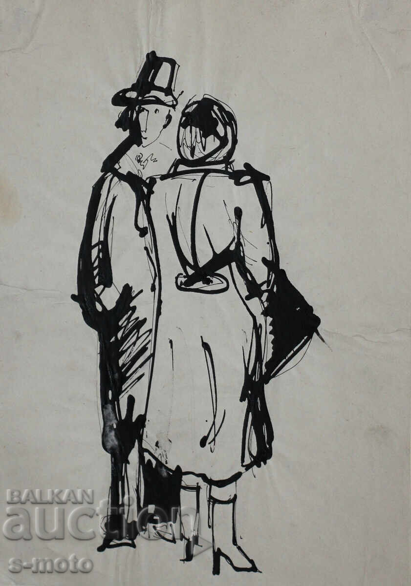 Old ink drawing, figures, mid-20th century Old ink drawing, figures, mid-20th century