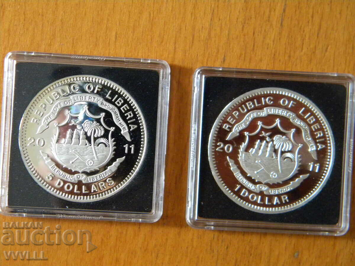 2011 Liberia. 2 coins. 1 dollar and 5 dollars. Bulgaria - 6