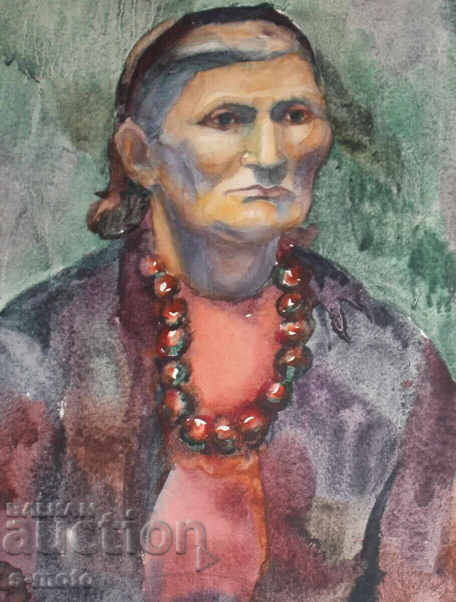 Auction  Watercolor painting portrait of a woman with a headscarf