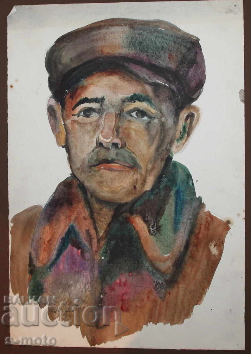 Licitație Tablou acuarelă portret de bărbat cu pălărie Licitație Tablou acuarelă portret de bărbat cu pălărie