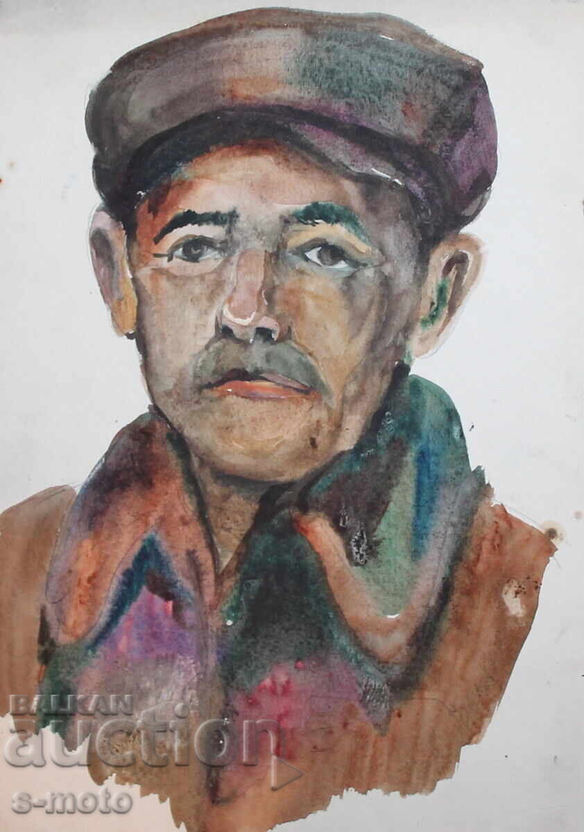 Tablou acuarelă portret de bărbat cu pălărie Tablou acuarelă portret de bărbat cu pălărie