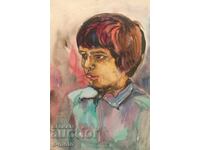 Pictură veche acuarelă portret de copil