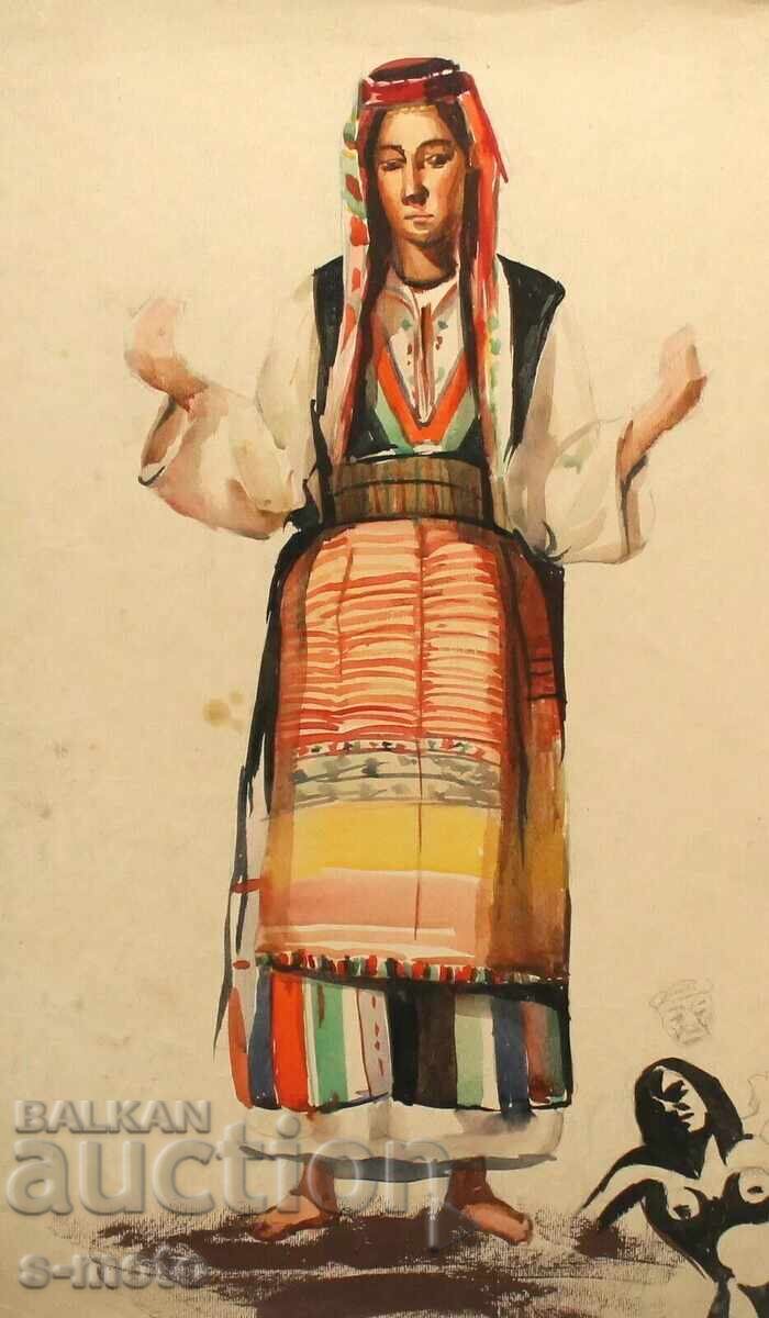 Delivery of Old watercolor painting, portrait of a woman in traditional costume Delivery of Old watercolor painting, portrait of a woman in traditional costume