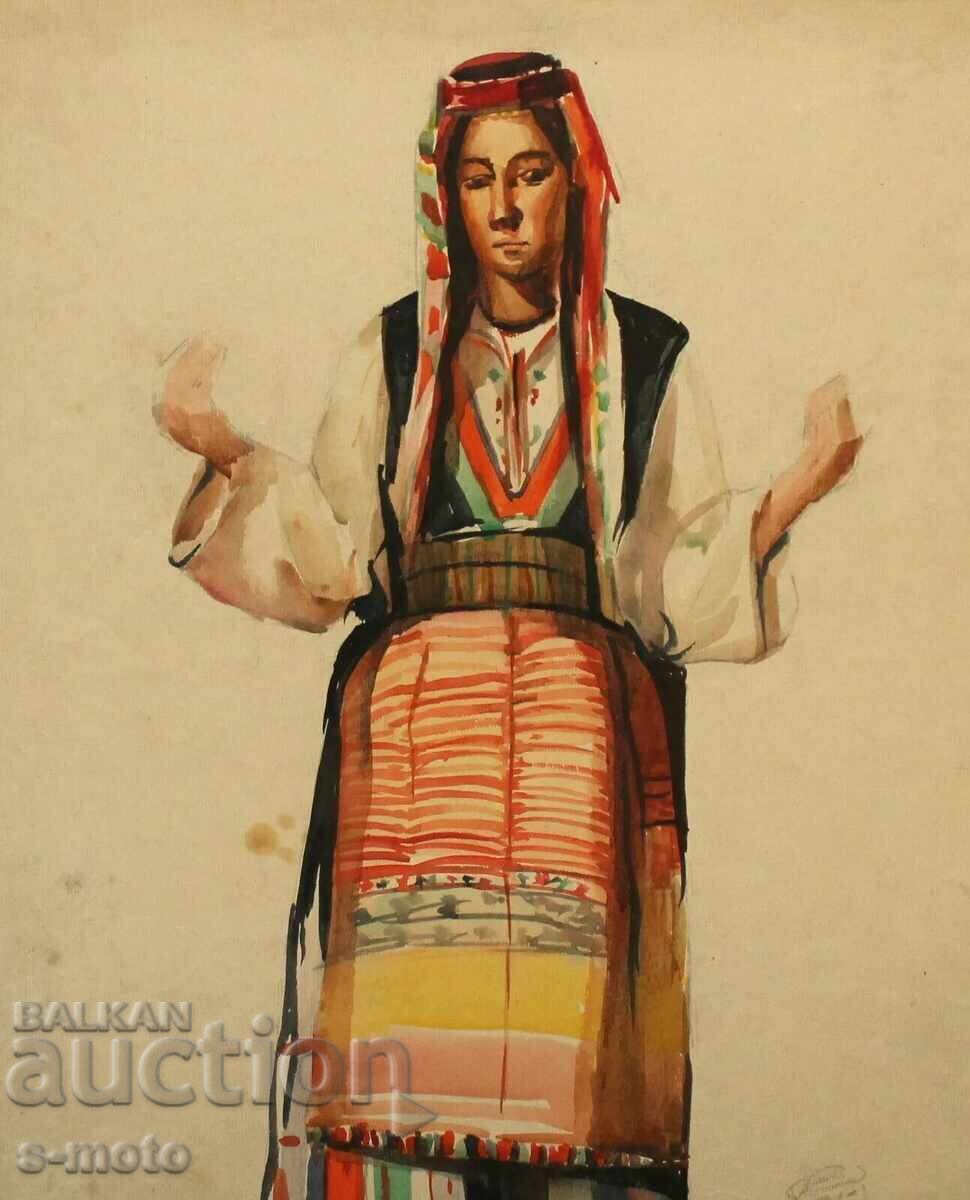 Old watercolor painting, portrait of a woman in traditional costume - 5 Old watercolor painting, portrait of a woman in traditional costume - 5