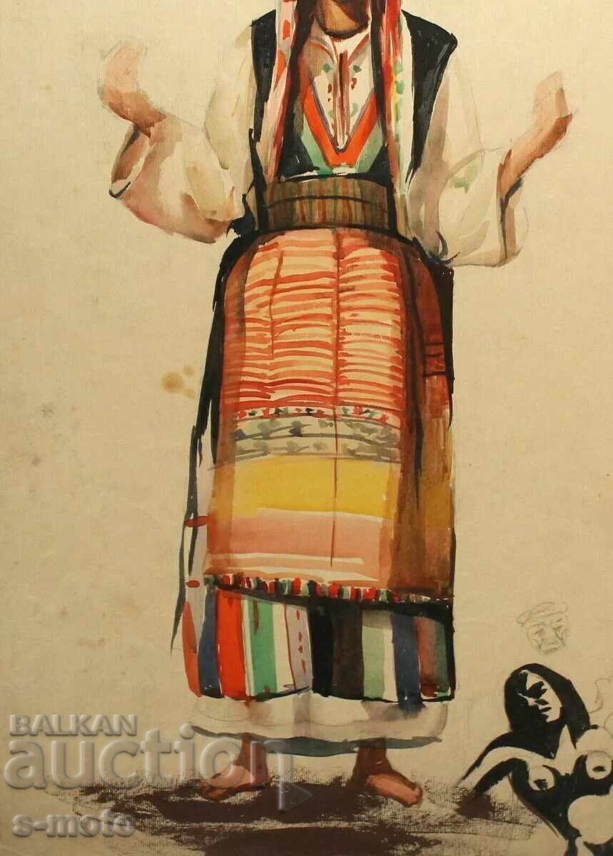 Old watercolor painting, portrait of a woman in traditional costume - 6 Old watercolor painting, portrait of a woman in traditional costume - 6