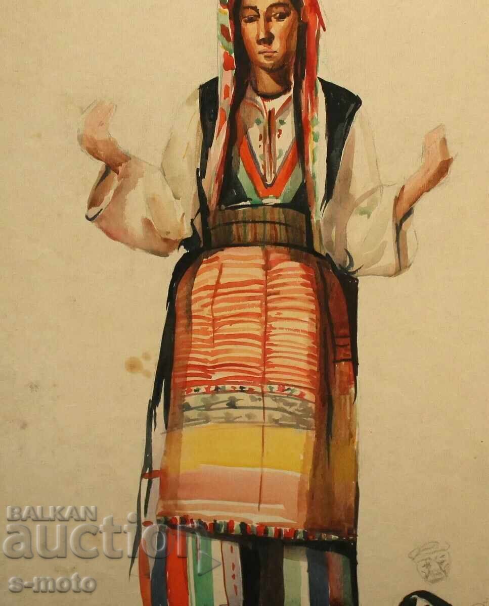 Old watercolor painting, portrait of a woman in traditional costume - 7 Old watercolor painting, portrait of a woman in traditional costume - 7