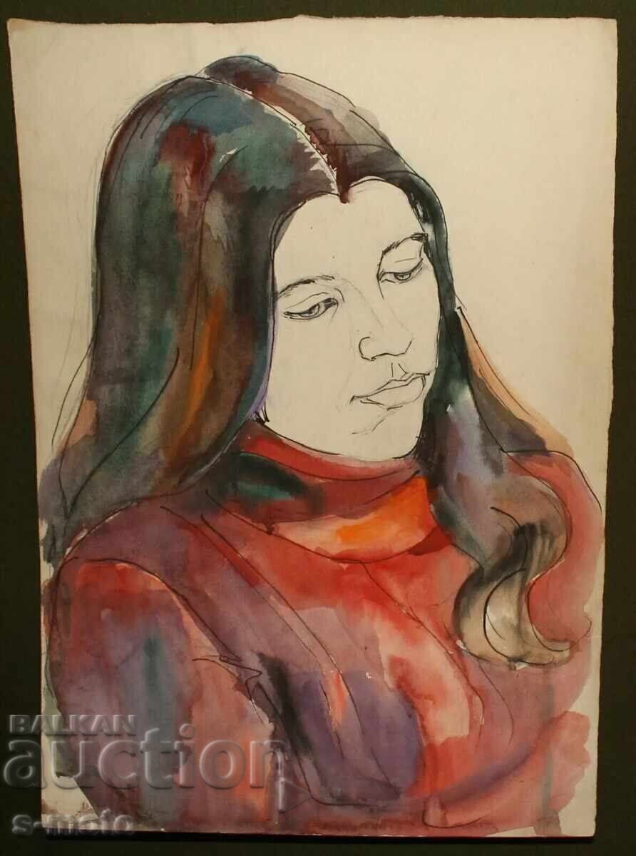 Auction  Old watercolor painting, portrait of a woman