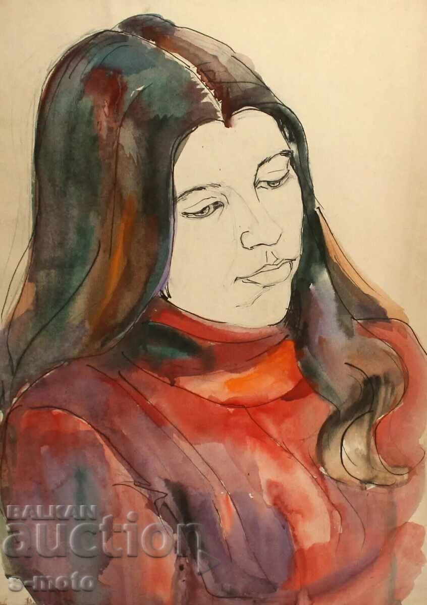 Old watercolor painting, portrait of a woman
