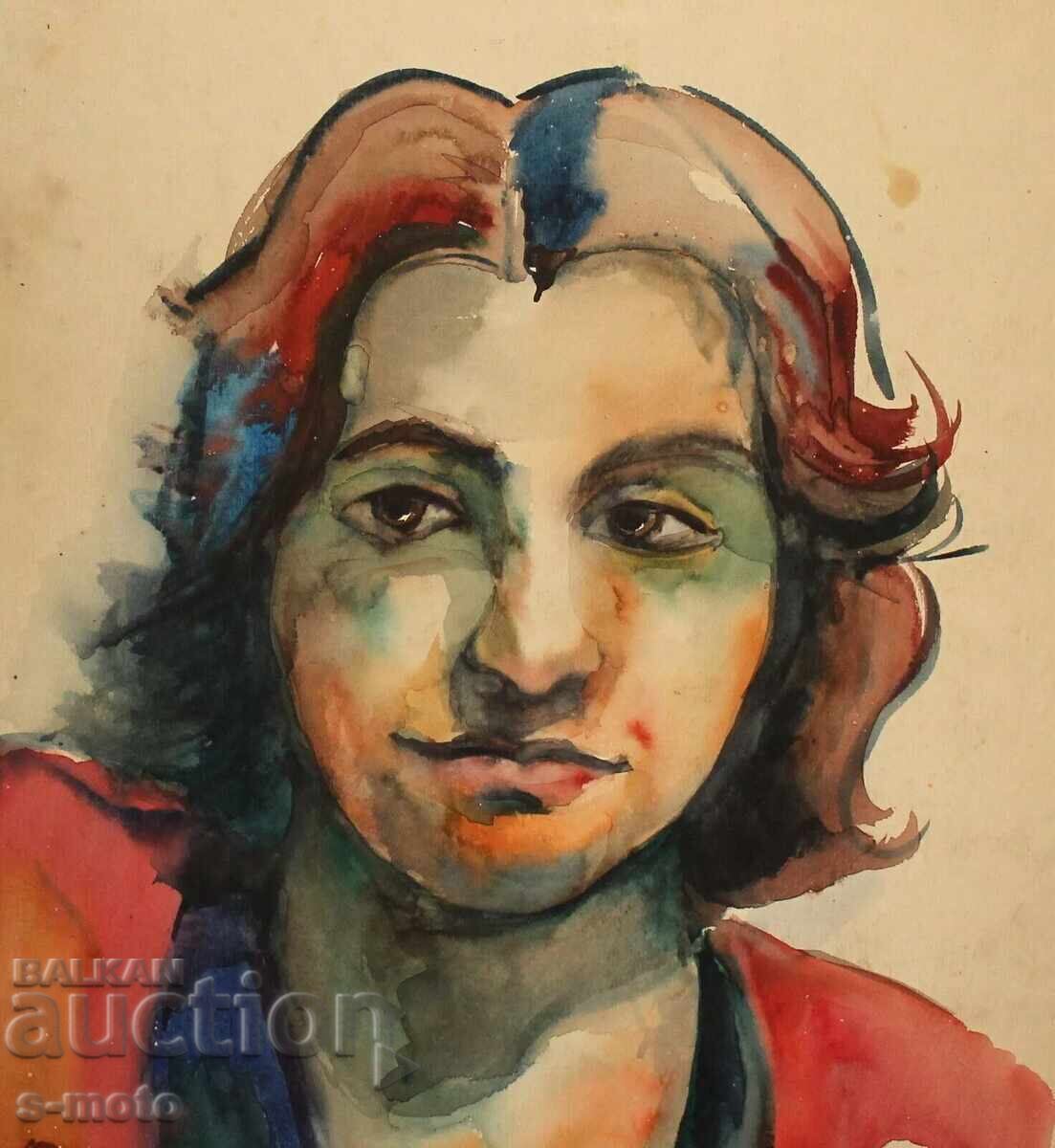 Auction  Old watercolor painting, portrait of a woman
