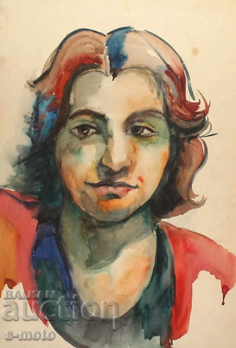 Old watercolor painting, portrait of a woman