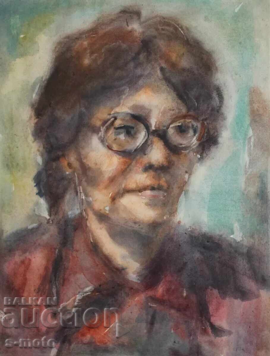 Licitație Tablou acuarelă femeie cu ochelari portret