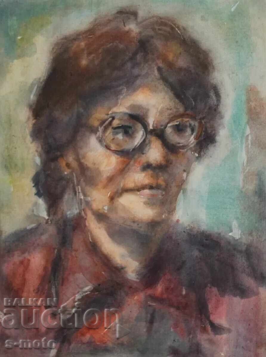 Tablou acuarelă femeie cu ochelari portret