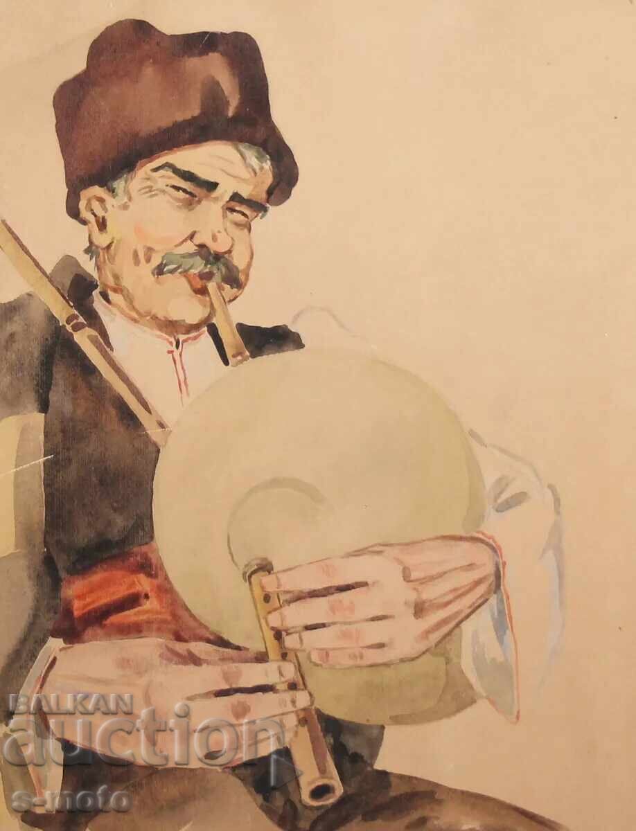 Veche pictură acuarelă portret de cântăreț la cimpoi cu preț 340.00 BGN | € 173.84