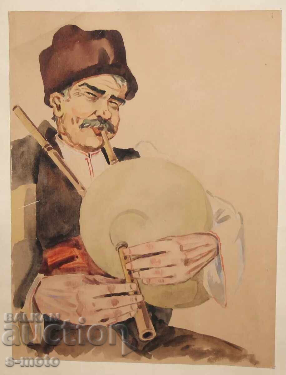 Livrarea Veche pictură acuarelă portret de cântăreț la cimpoi