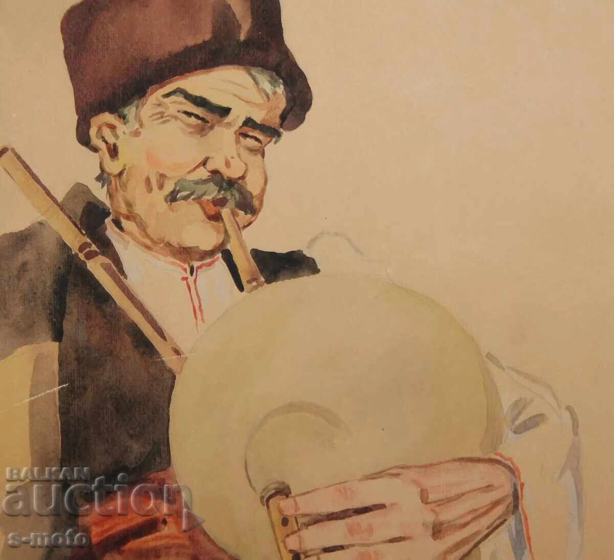 Veche pictură acuarelă portret de cântăreț la cimpoi - 5