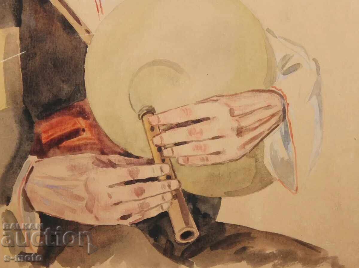 Veche pictură acuarelă portret de cântăreț la cimpoi - 6