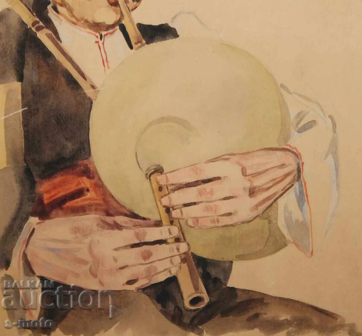 Veche pictură acuarelă portret de cântăreț la cimpoi - 7