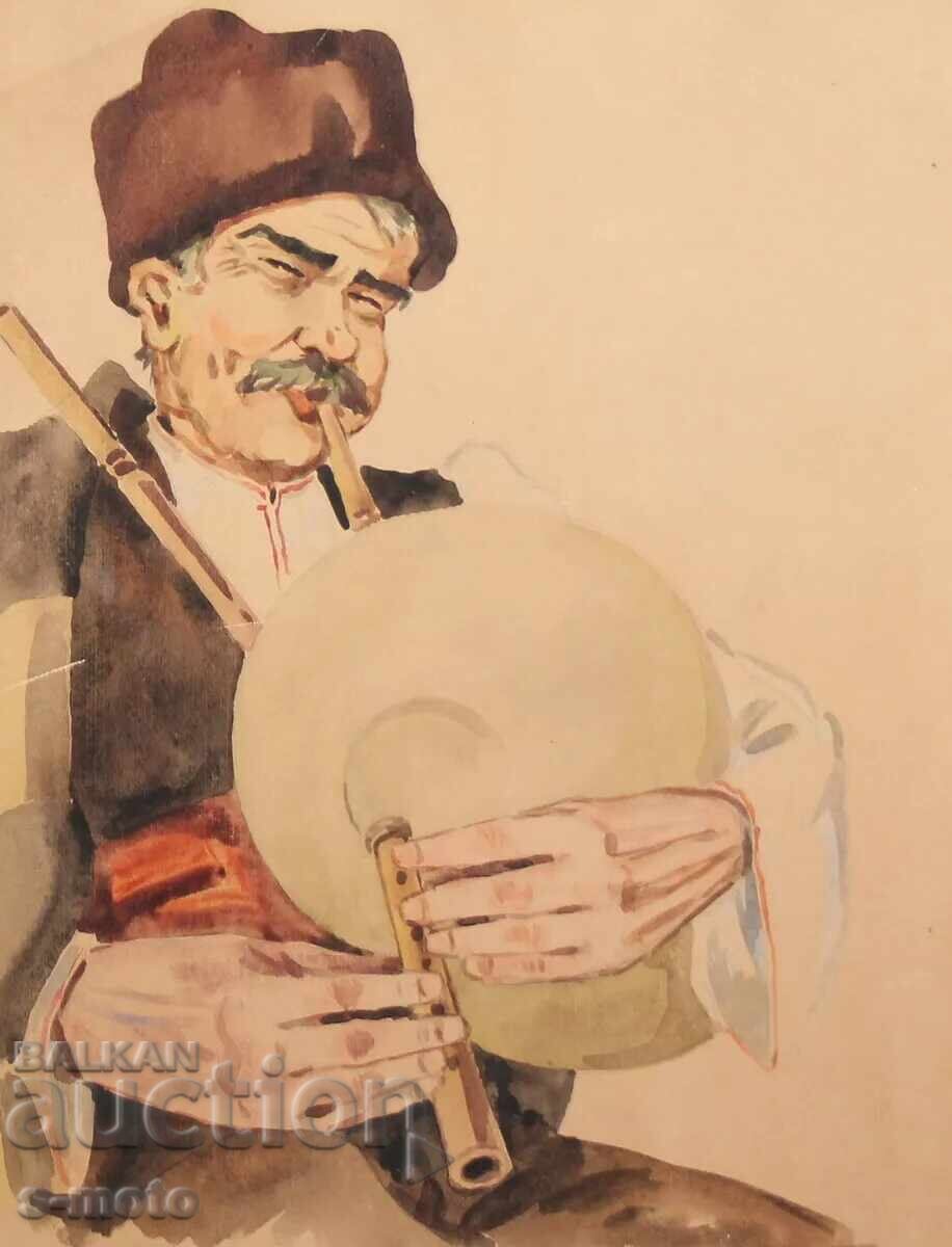 Veche pictură acuarelă portret de cântăreț la cimpoi