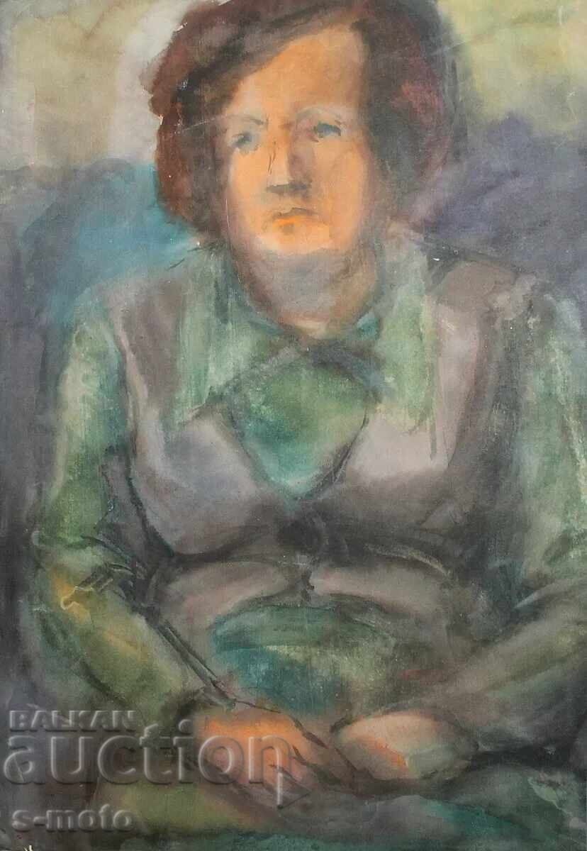 Watercolor painting portrait of a seated woman