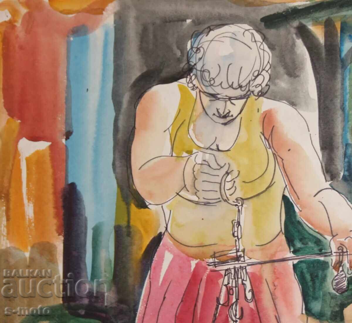 Licitație Pictură veche acuarelă figură, portret de femeie Licitație Pictură veche acuarelă figură, portret de femeie