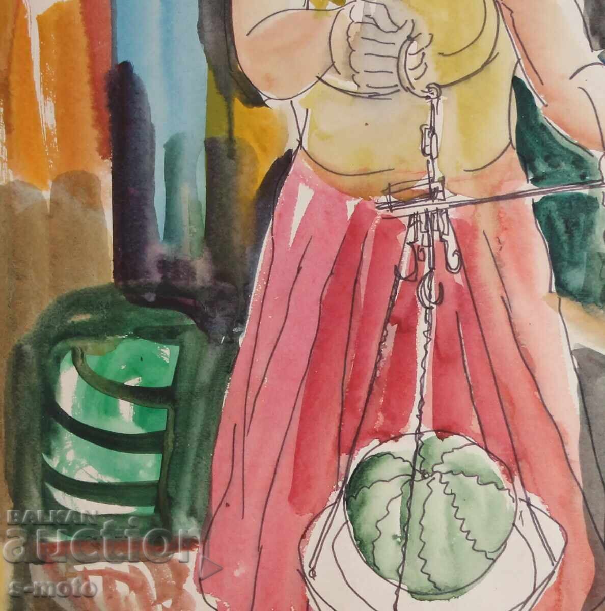 Livrarea Pictură veche acuarelă figură, portret de femeie Livrarea Pictură veche acuarelă figură, portret de femeie