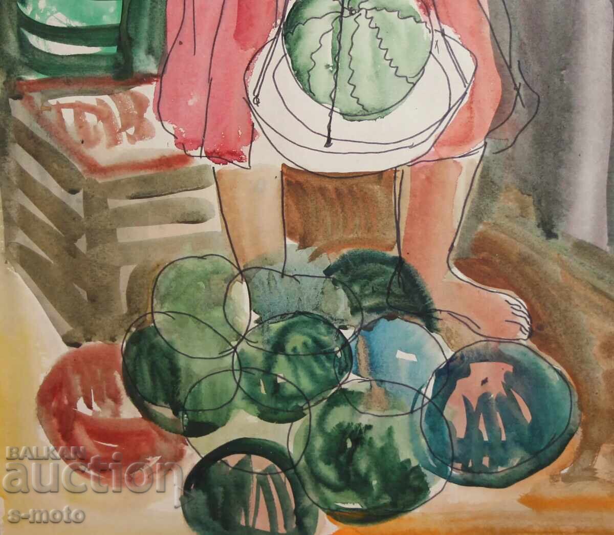 Pictură veche acuarelă figură, portret de femeie - 5 Pictură veche acuarelă figură, portret de femeie - 5