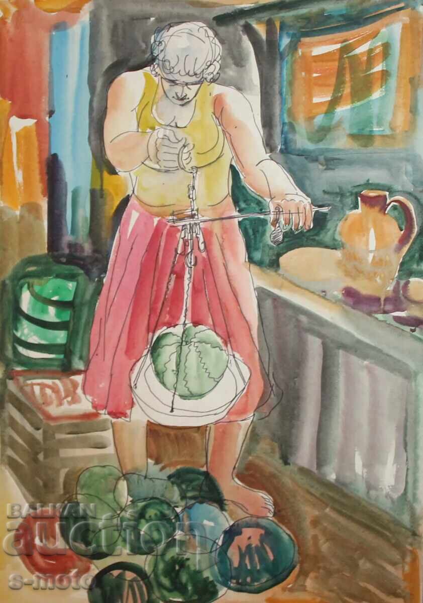 Pictură veche acuarelă figură, portret de femeie - 6 Pictură veche acuarelă figură, portret de femeie - 6