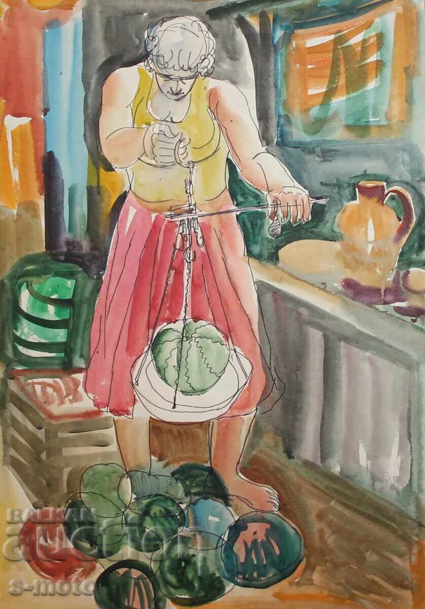 Pictură veche acuarelă figură, portret de femeie Pictură veche acuarelă figură, portret de femeie