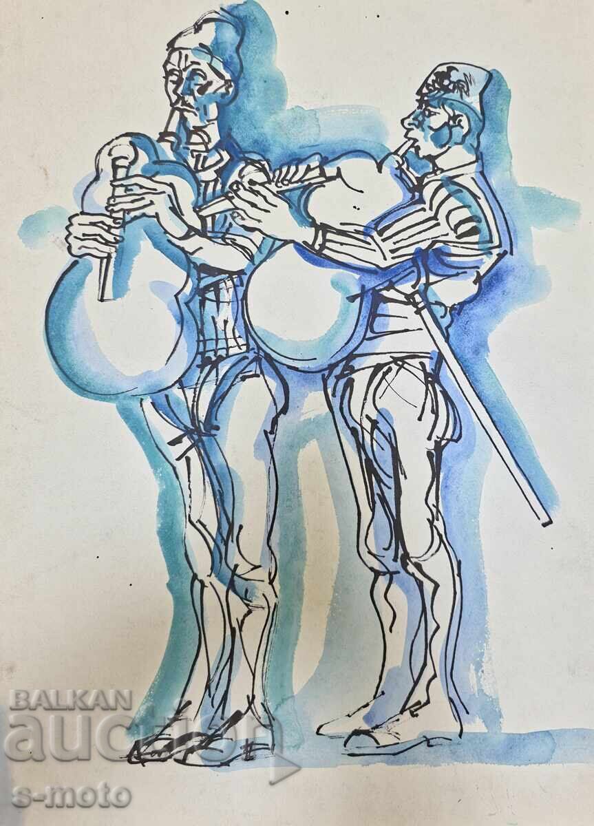 Peter Rashkov painting watercolor / ink bagpipers with price 340.00 BGN | € 173.84