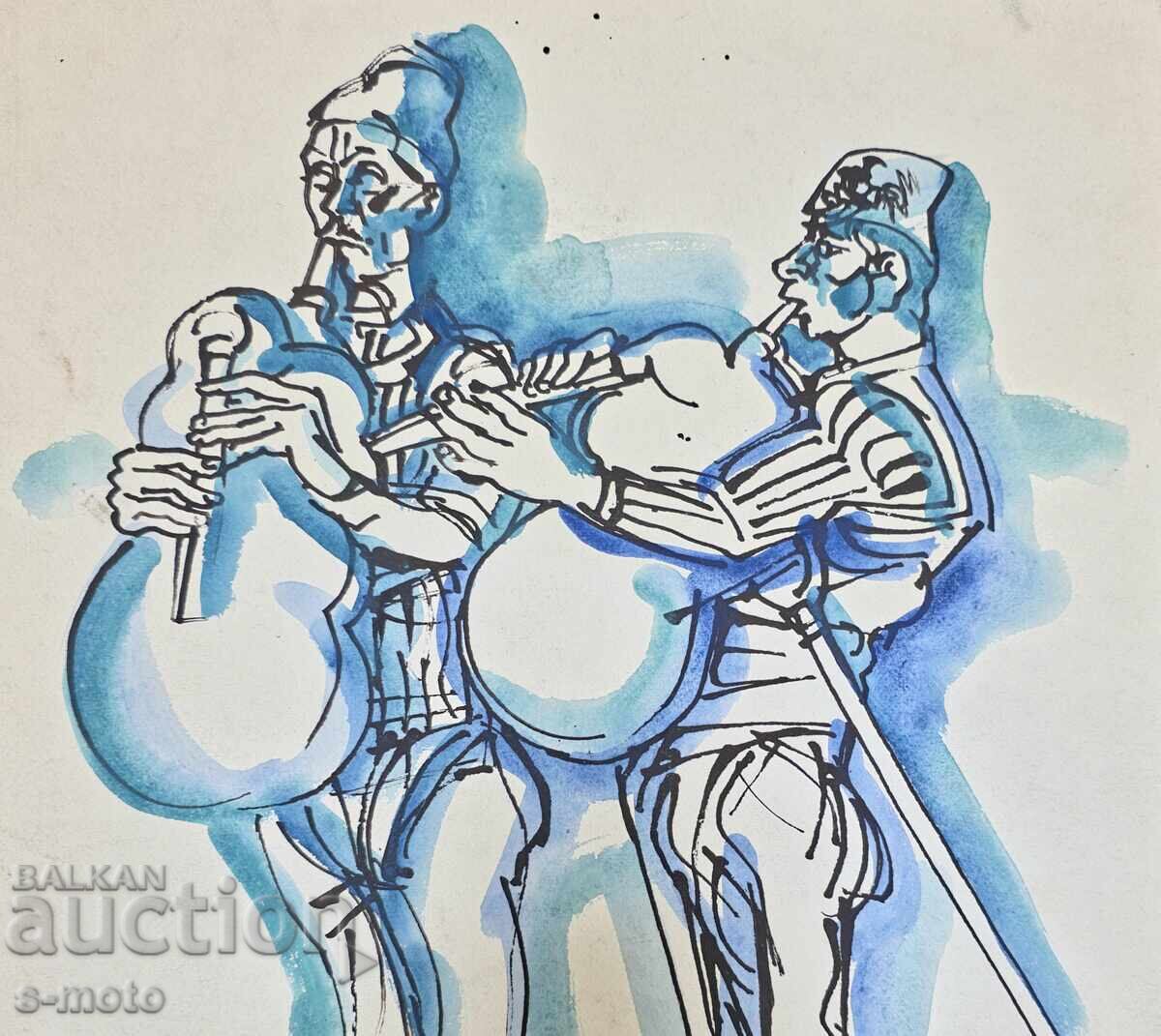 Auction  Peter Rashkov painting watercolor / ink bagpipers