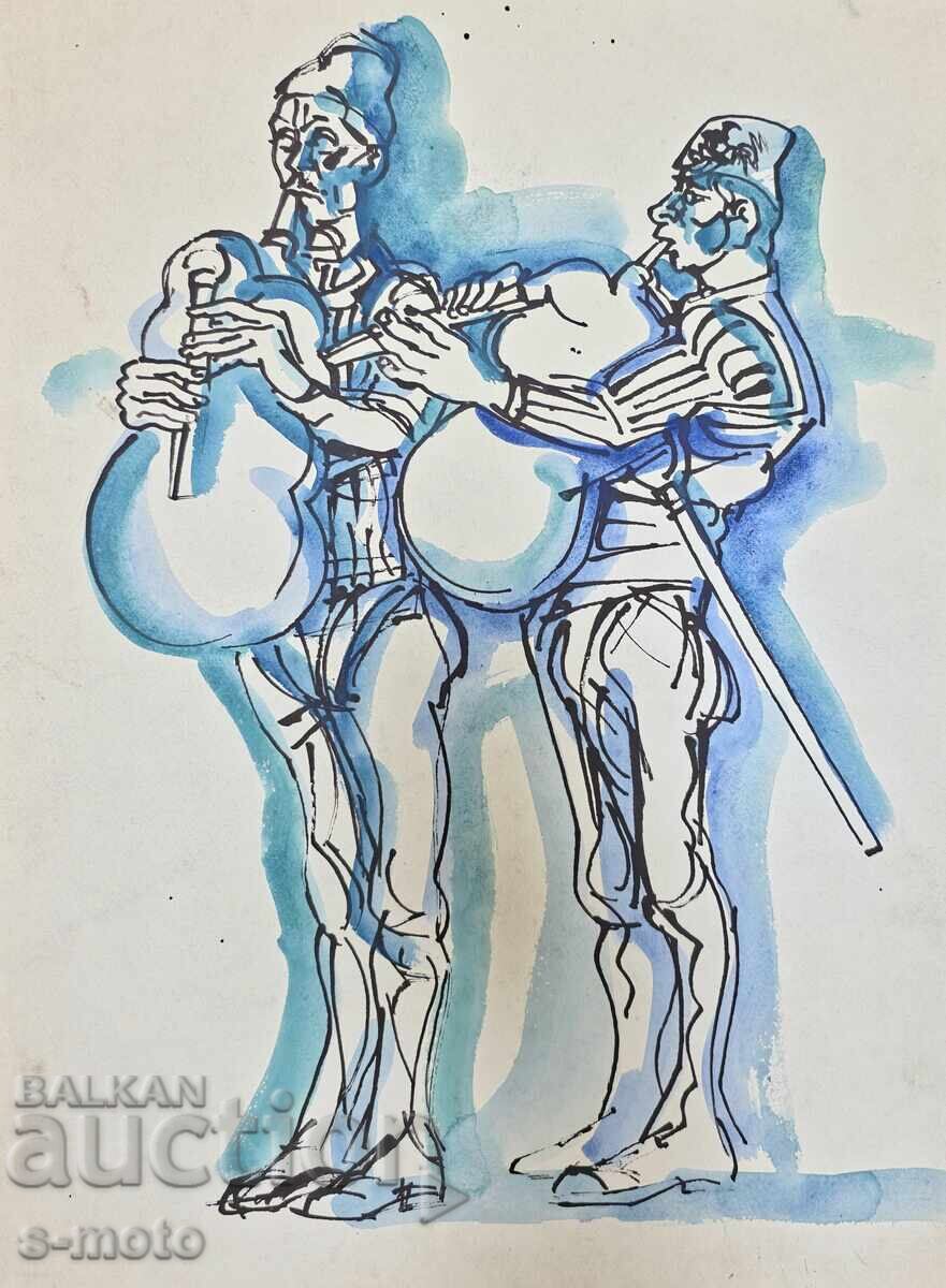 Delivery of Peter Rashkov painting watercolor / ink bagpipers