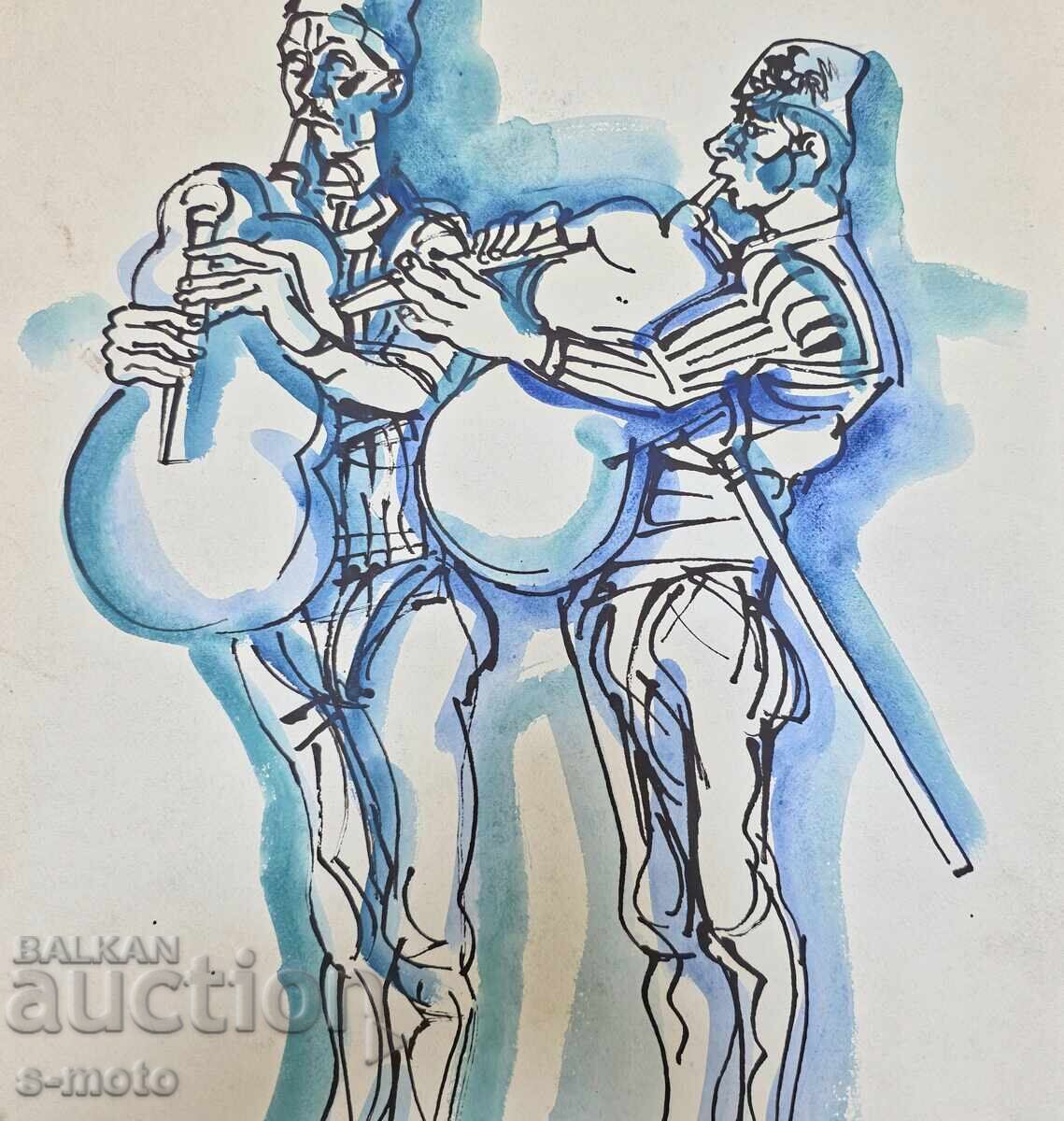 Peter Rashkov painting watercolor / ink bagpipers - 5
