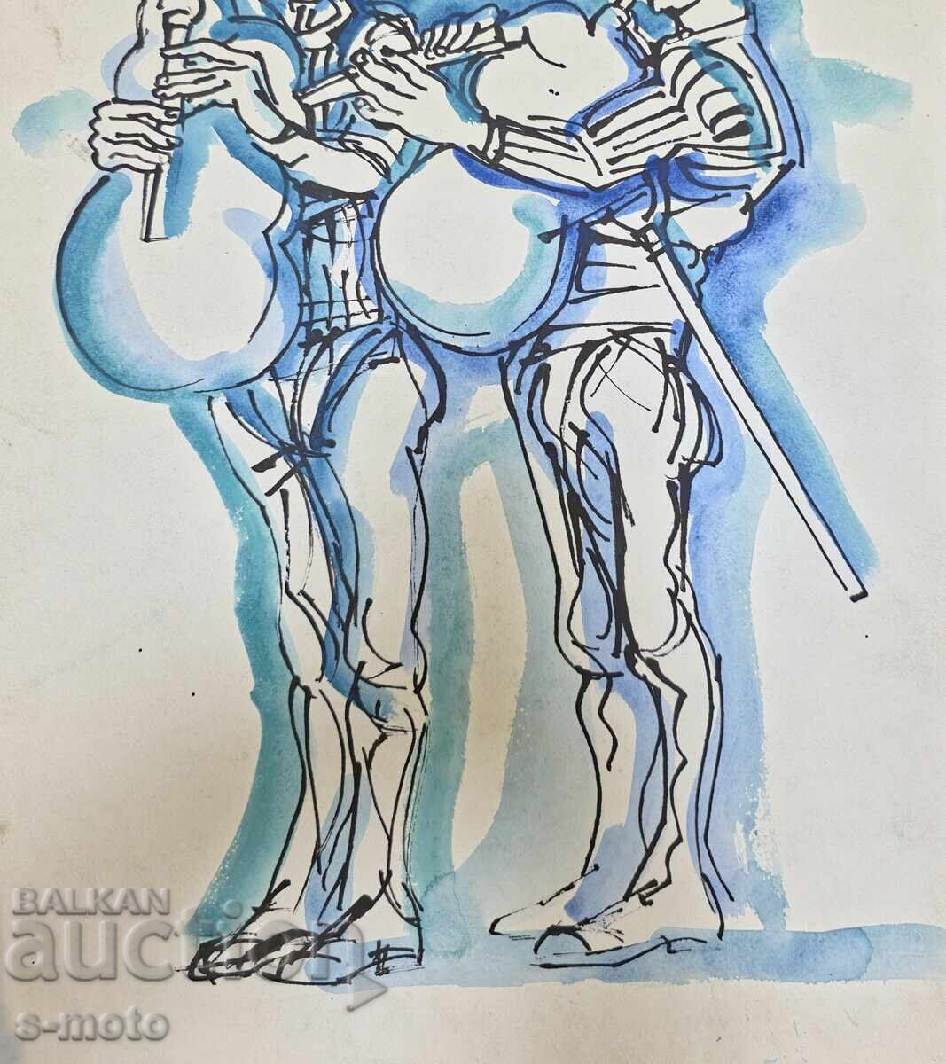 Peter Rashkov painting watercolor / ink bagpipers - 6